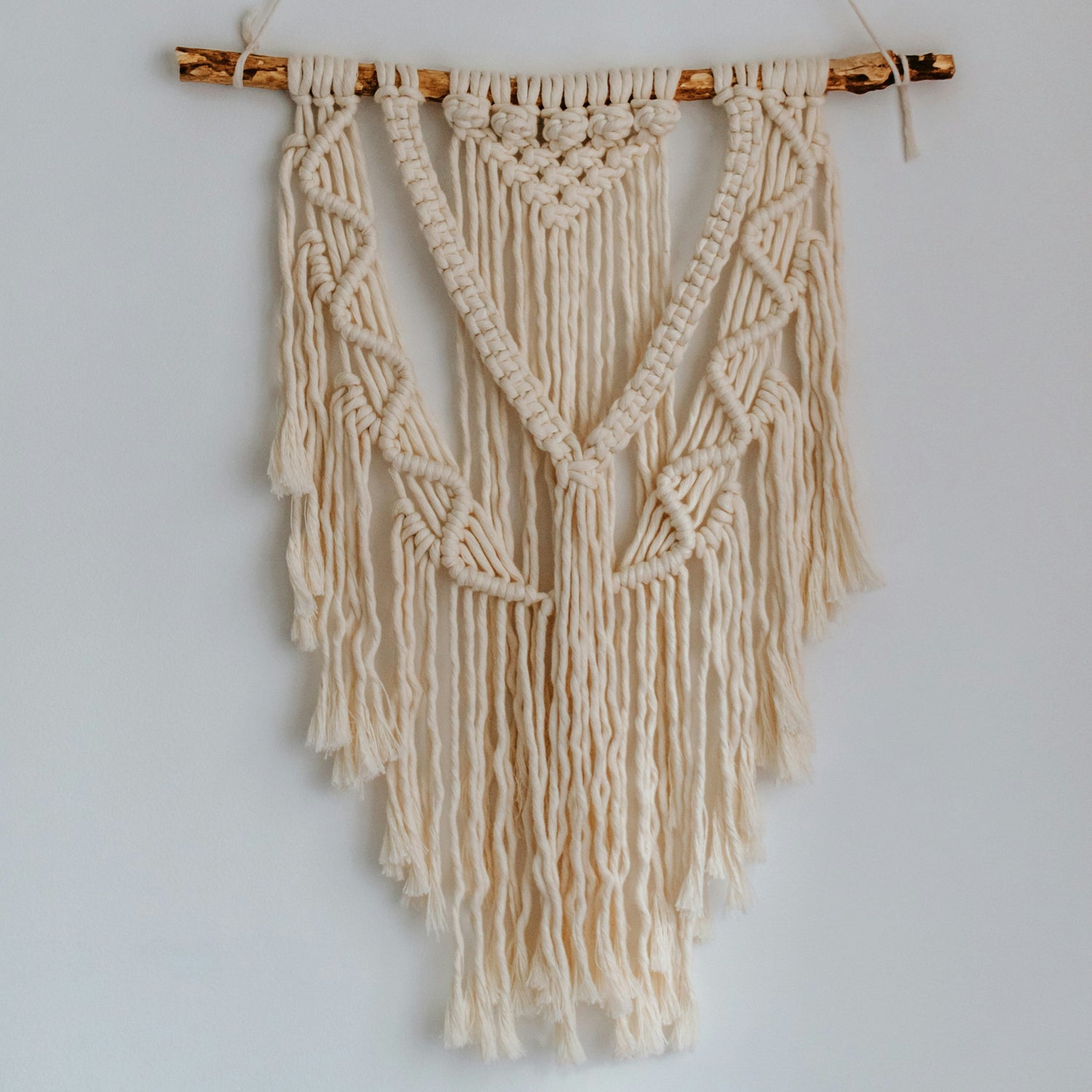 Macrame wall hanging on a plain white wall