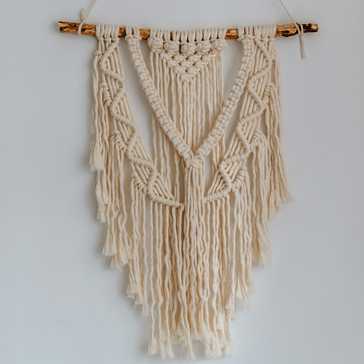 Macrame wall hanging on a plain white wall