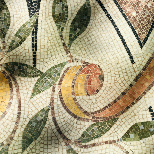 Mosaic design with fruit and leaves on a patterned background